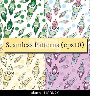 Cute and colorful space seamless pattern set background with rockets Stock Vector