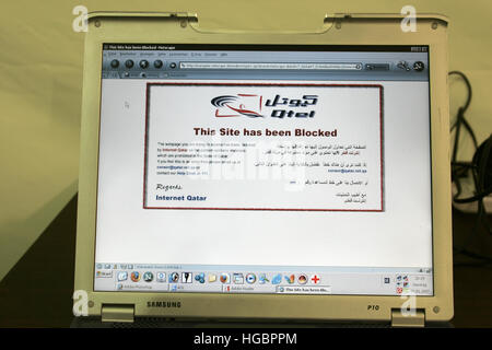 Qatar, Doha, Laptop monitor showing a website blocked by the local provider Qtel