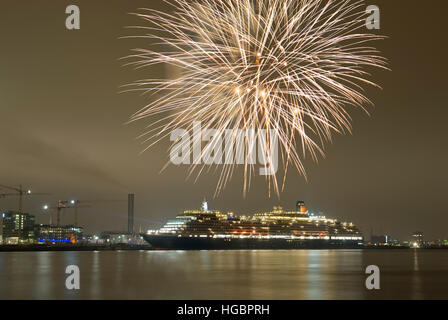 The Queen Victoria on December 18, 2007, fireworks overhead, Hamburg Stock Photo