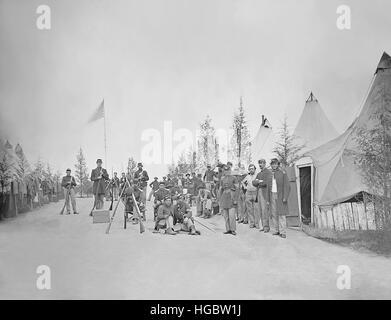 Military camp with soliders in street during the American Civil War. Stock Photo