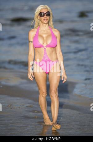 Reality star Frenchy Morgan poses in a colourful see through bikini on