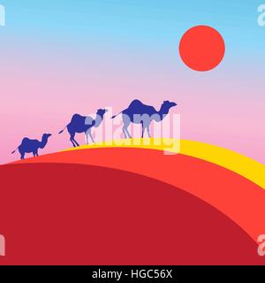Vector illustration many camels in bright desert Stock Vector