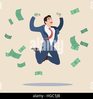 Happy business man getting a lot of money and jumping Stock Vector