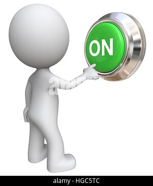 Dude 3D character pushing Large Green ON Button. Stock Photo