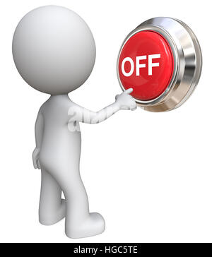 Dude 3D character pushing large Red OFF Button. Stock Photo