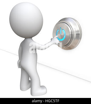 Dude 3D character pushing large Power Button on Wall. Brushed metal and blue LED. Stock Photo