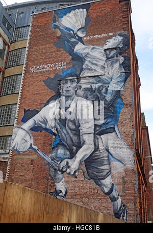 Glasgow commonwealth games 2014, Badminton mural, city centre, Scotland, UK, G1 1EJ Stock Photo