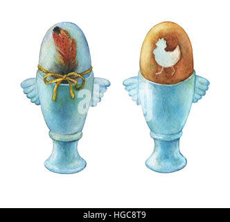 Colored boiled easter egg in blue egg cups (holder). Hand painted watercolor illustration isolated on white background. Stock Photo