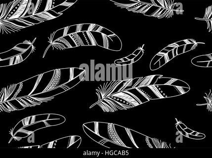 Seamless pattern with white contour feathers on a black background. Stock Vector