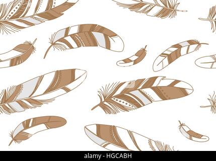 Seamless pattern with beige contour feathers on a white background. Stock Vector