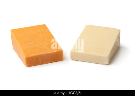 Pieces of traditional english cheese, red leicester and mature cheddar on white background Stock Photo