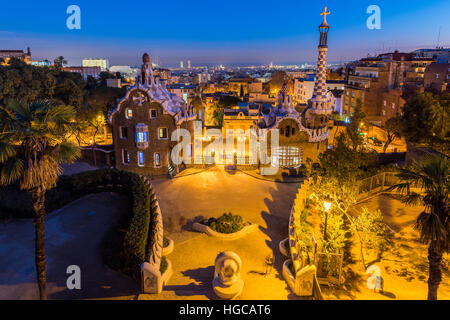 Night view of Park Guell with city skyline behind, Barcelona, Catalonia, Spain
