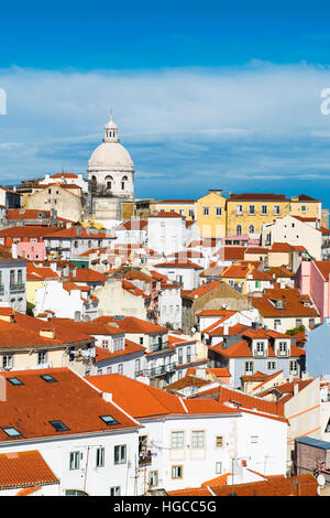 View of the Alfama Neighbourhood in Lisbon, Portugal, with colorful buildings and the National Pantheon Stock Photo