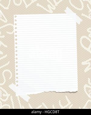 White ruled ripped note, notebook, copybook paper sheet on pattern created of alphabet letters Stock Vector