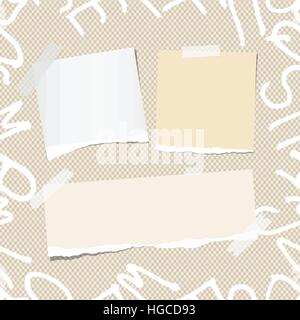 Ripped white and brown note, notebook, copybook paper strips on pattern created of alphabet letters Stock Vector