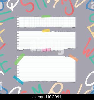 Ripped white ruled note, notebook, copybook paper sheets, strips on pattern created of alphabet letters Stock Vector