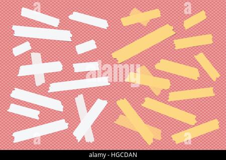 Colorful different size sticky paper, adhesive, masking tape are on squared gray background Stock Vector