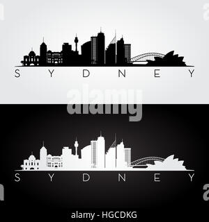 Sydney skyline and landmarks silhouette, black and white design, vector illustration. Stock Photo