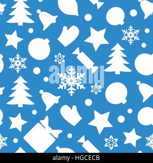 Christmas seamless pattern with snowflakes, xmas tree, bells, glove, gift box and other symbols. Flat silhouette icons isolated on blue background. Wr Stock Vector