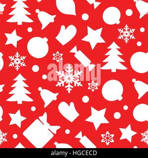 Christmas seamless pattern with snowflakes, xmas tree, bells, glove, gift box and other symbols. Flat silhouette icons isolated on red background. Wra Stock Vector