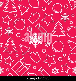 Christmas seamless pattern with snowflakes, xmas tree, bells, glove, gift box and other symbols. Flat linear icons isolated on red background. Wrappin Stock Vector