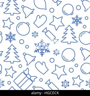 Christmas seamless pattern with snowflakes, xmas tree, bells, glove, gift box and other symbols. Flat linear icons isolated on white background. Wrapp Stock Vector