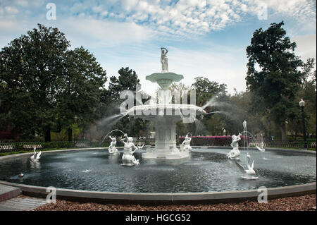 Forsyth Park Fountain in Daytime with multiple sculptures in the water. Stock Photo