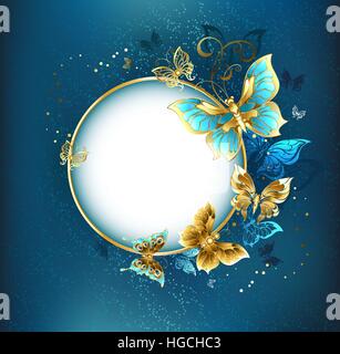 Round banner with a gold frame decorated with gold jewelry butterflies. Design with butterflies. Golden Butterfly. Stock Vector