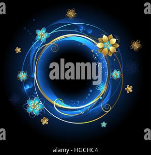 round banner with golden curls , adorned with gold abstract flowers on a blue background. Stock Vector