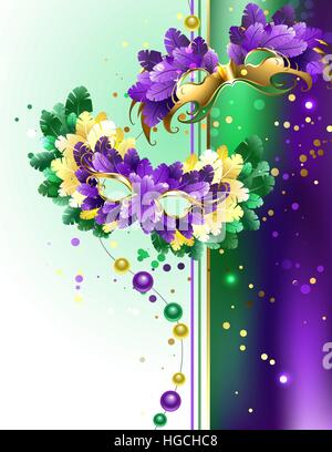 Designed with colorful masks decorated with purple, yellow, green feathers on a light background. Festival Mardi Gras. Stock Vector
