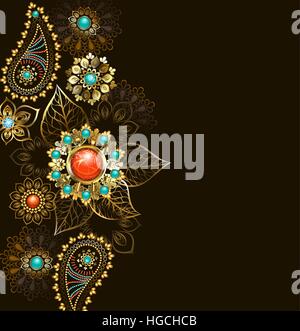 Ethnic pattern of gold and bronze, decorated with turquoise and jasper on a dark background. Jewelry Design.  Boho Style. Stock Vector