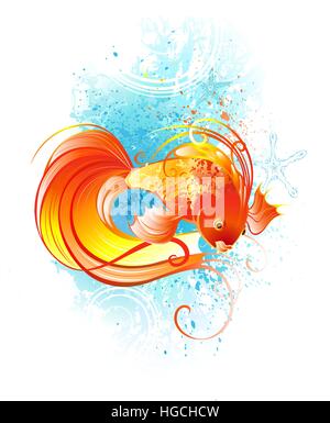 red, artistically painted fish on a white background with blue coral. Stock Vector