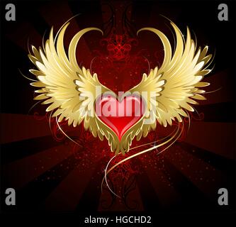 bright red heart of an angel with golden wings shining in the dark radiant red background decorated with a pattern. Stock Vector