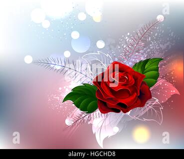 red rose with green leaves on a light background. Stock Vector