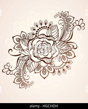 Rose painted in the style of mehendi on a beige background. Stock Vector