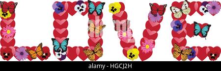 vector illustration of love text with butterflies Stock Vector