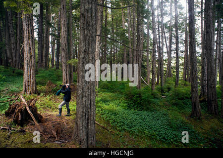 Man taking picture in a temperate rainforest on the Brothers Islands between Stephens Passage and Frederick Sound. Alexander Archipelago, Southeast Al Stock Photo