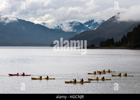 Kayaks in Icy Strait. Glacier Bay National Park adn Preserve. Chichagof Island. Juneau. Southeast Alaska. Today is the ultimate day of exploration. Se Stock Photo