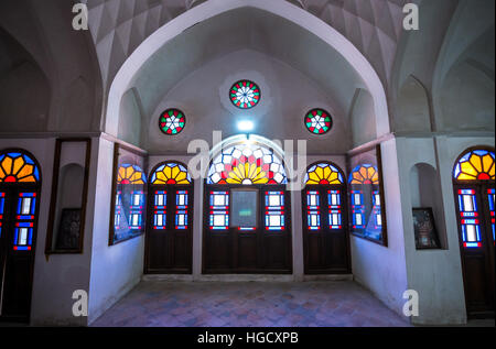 stained glass windows in historical Tabatabaei family house from 19th century in Kashan city, capital of Kashan County, Iran