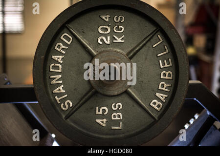 45 lb. Barbell weight from the Schofield Barracks military gym in Oahu, Hawaii. Stock Photo