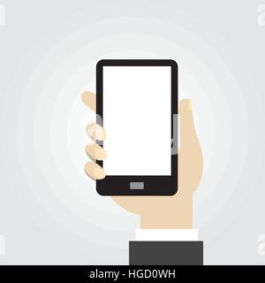 Hand holding mobile phone in flat design style Stock Vector