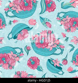 Seamless romantic tender floral texture with tea cups full of flowers for textile and wallpaper design Stock Vector