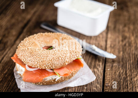 Fresh made Bagel with Salmon (selective focus; detailed close-up shot) Stock Photo