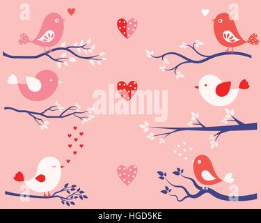 Cute Valentine day design elements in flat style with birds, tree branches and hearts in pink, red and blue colors Stock Vector