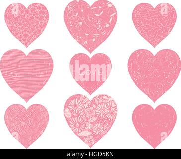 Set of pink hearts with hand drawn lines, swirls and flower elements for Valentine's Day Stock Vector