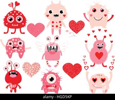 Vector love set of cute Valentines Day monster creatures and hearts in pink and red colors for greeting cards and invitations Stock Vector