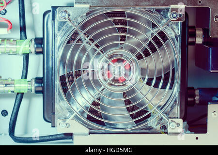 cooling fan set on heat exchanger inside industrial system Stock Photo