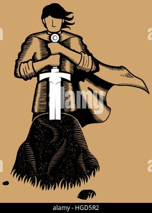 Illustration of young King Arthur withdrawing Excalibur of the stone. Stock Vector