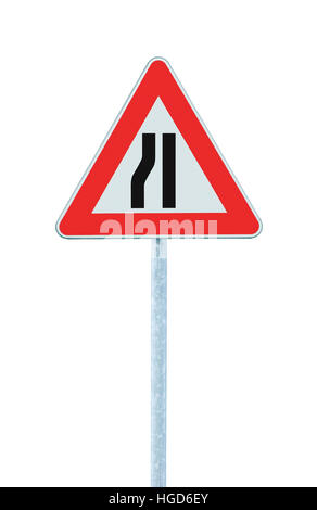 Road narrows sign on pole post, left side, isolated large detailed vertical closeup Stock Photo