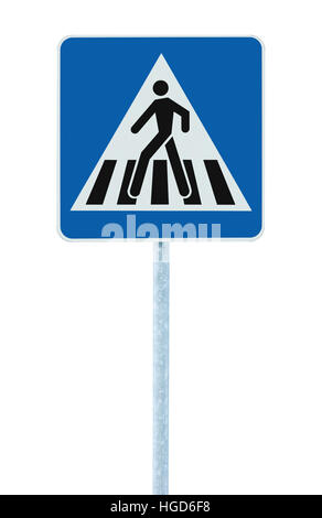 Zebra crossing, pedestrian cross warning traffic road sign in blue and pole, isolated vertical closeup Stock Photo